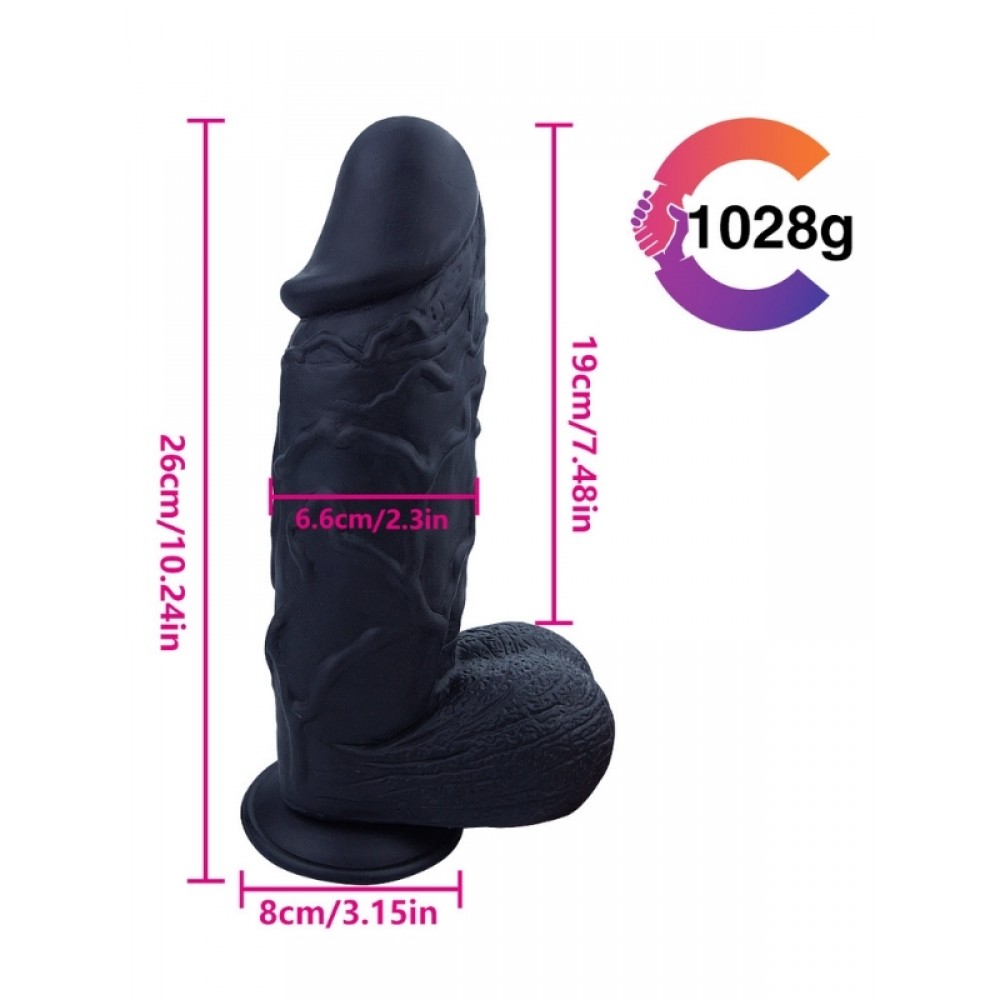 Dildo Gerçekçi Vantuzlu Testisli Jel Silikon 26cm 21cm Siyah