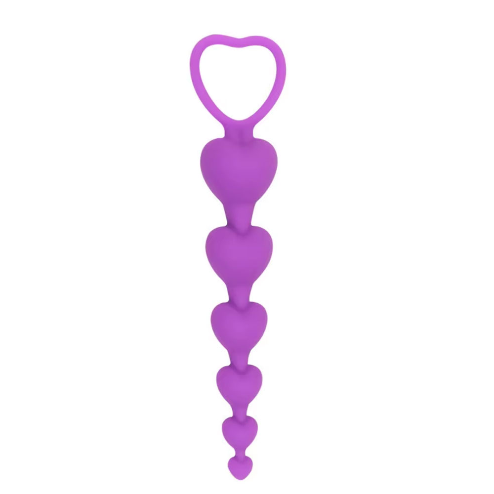 Anal Plug Tıkaç Silikon 5 Boğumlu Kalp Şekilli Boncuklu Halkalı 19cm Mor