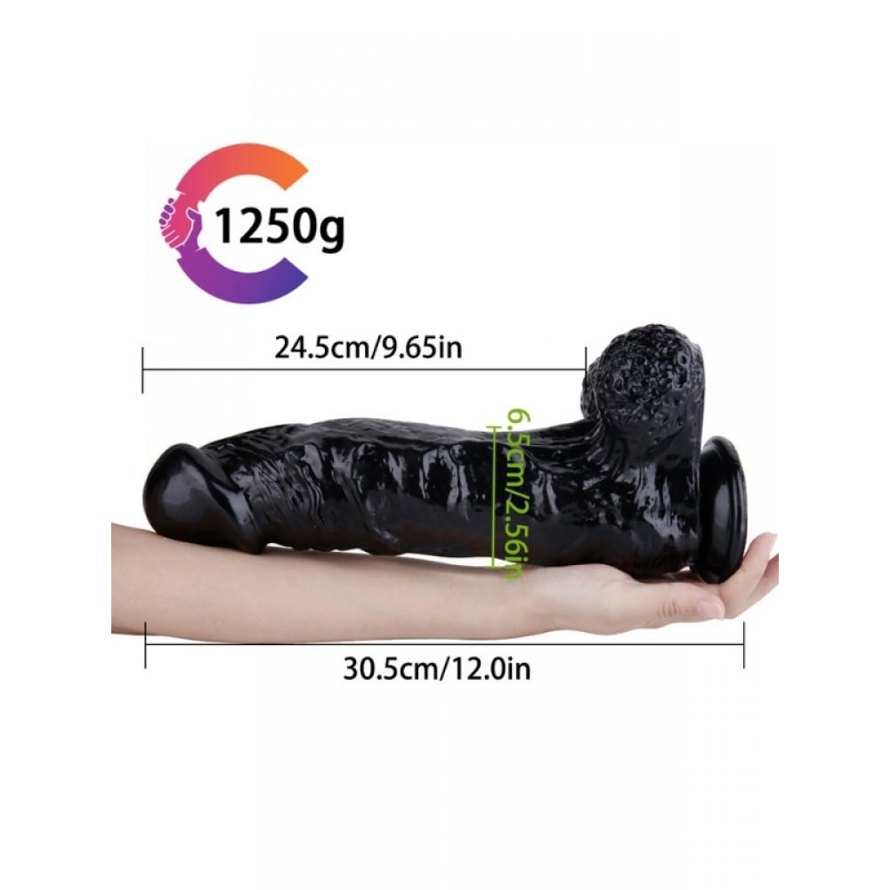 Dildo Gerçekçi Vantuzlu Testisli Jel Silikon 31cm 30.5cm Siyah