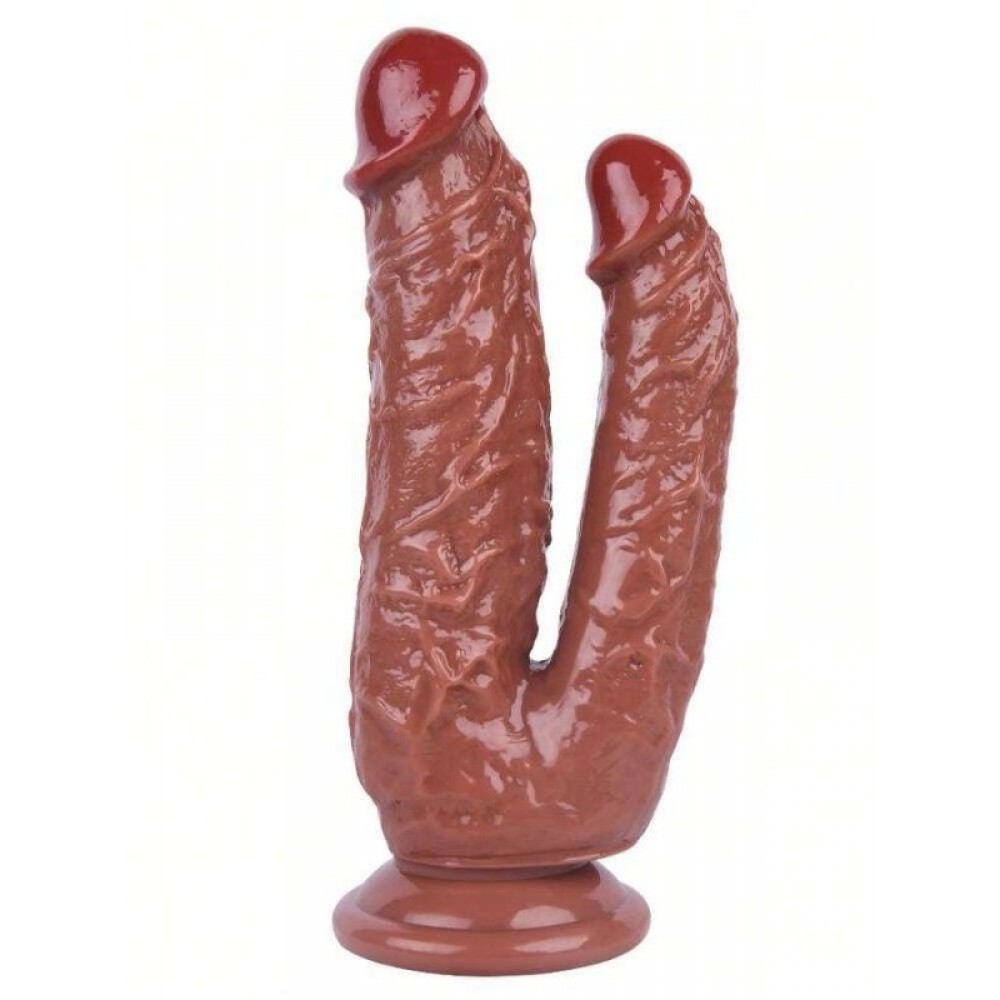 Dildo Çift Girişli Vantuzlu Gerçekçi Jel Silikon 19cm 16cm Kahverengi