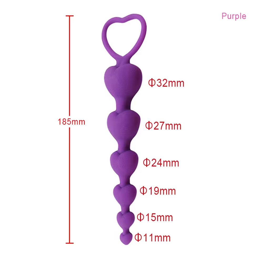 Anal Plug Tıkaç Silikon 5 Boğumlu Kalp Şekilli Boncuklu Halkalı 19cm Mor