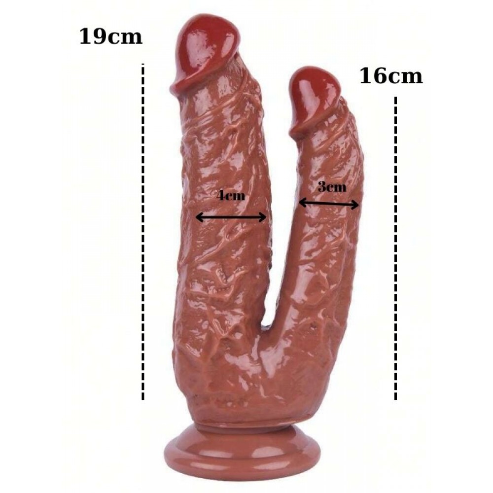 Dildo Çift Girişli Vantuzlu Gerçekçi Jel Silikon 19cm 16cm Kahverengi