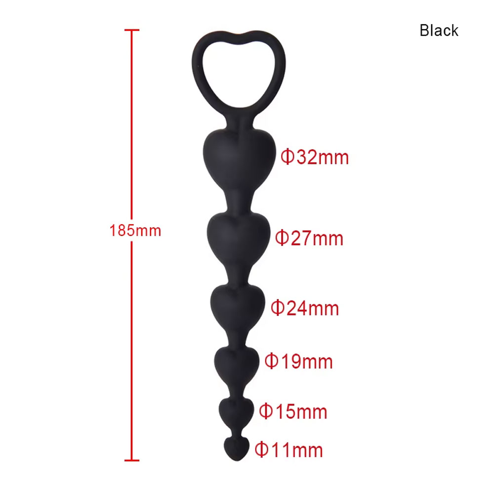 Anal Plug Tıkaç Silikon 5 Boğumlu Kalp Şekilli Boncuklu Halkalı 19cm Siyah