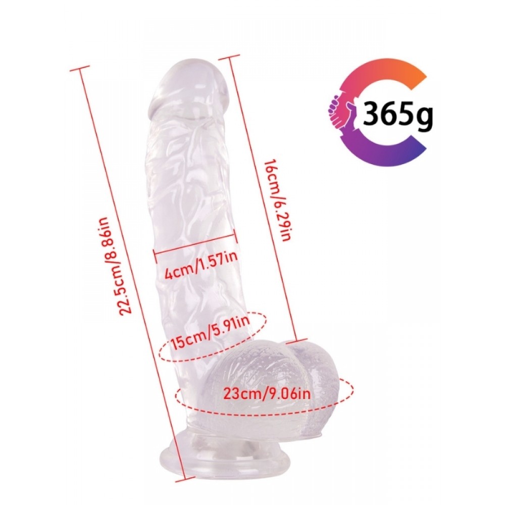 Dildo Gerçekçi Vantuzlu Testisli Jel Silikon 21.5cm Şeffaf