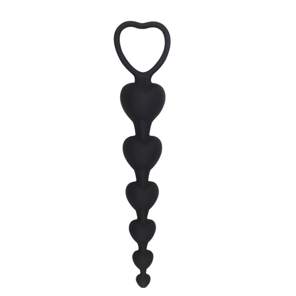 Anal Plug Tıkaç Silikon 5 Boğumlu Kalp Şekilli Boncuklu Halkalı 19cm Siyah